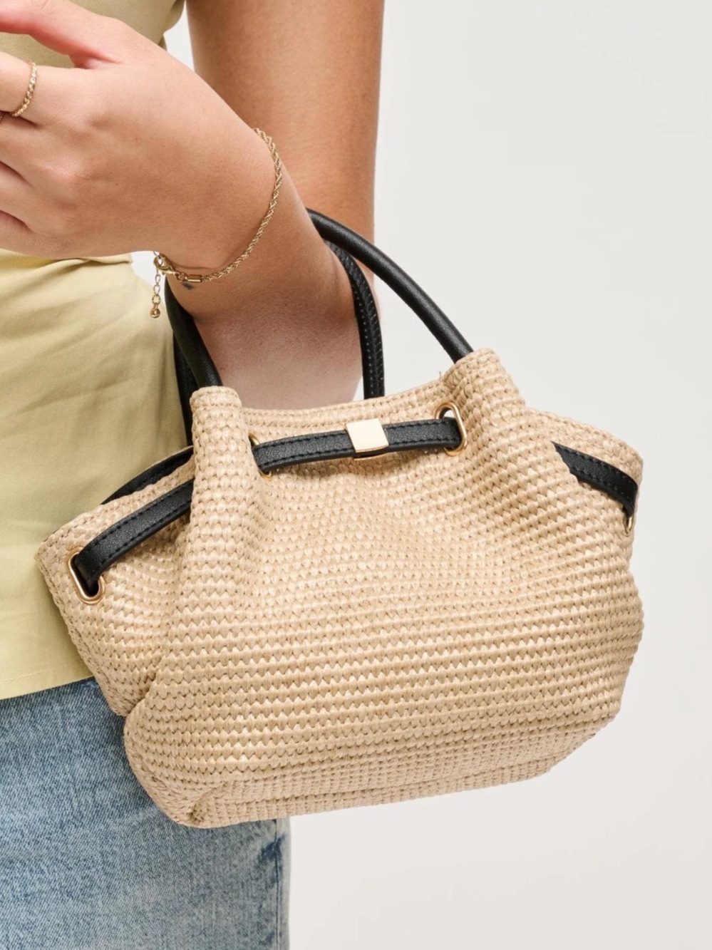 Woven Straw Mini Tote Bag with Black Trim